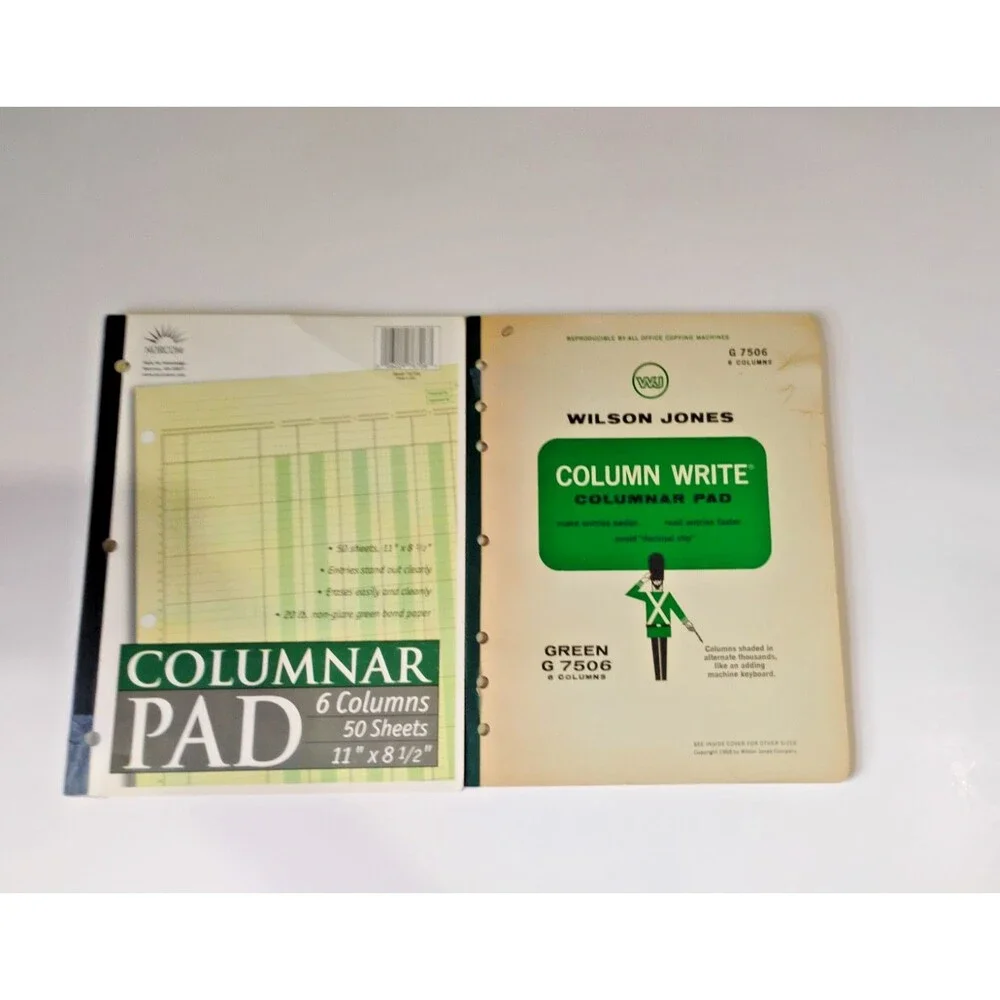Set of 2 vintage accounting ledgers, both 6-column, 50 pages, green  New